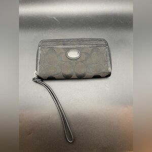 Vintage Coach Signature Print Cardholder Wristlet Purse In Black Full Zip